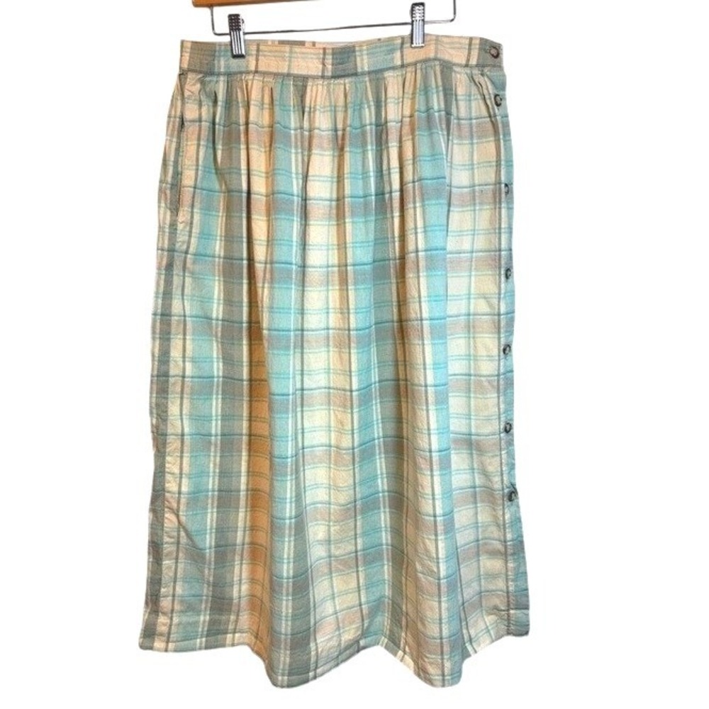 L.L. Bean Plaid Midi Skirt Women Pink Aqua Tan Pastel Preppy Cotton 18 Regular